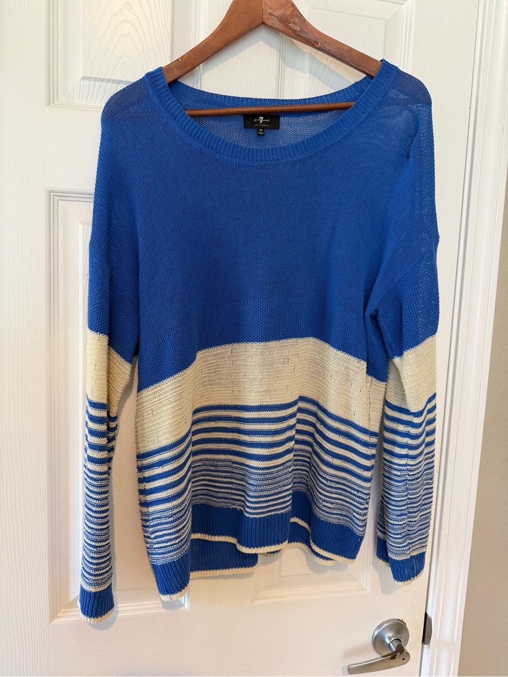 7 For All Mankind Blue and Cream Striped Scoop Neck Sweater